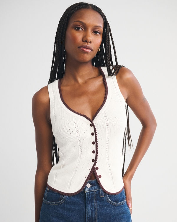 Pointelle Button-Through Sweater Tank, Cream view 1