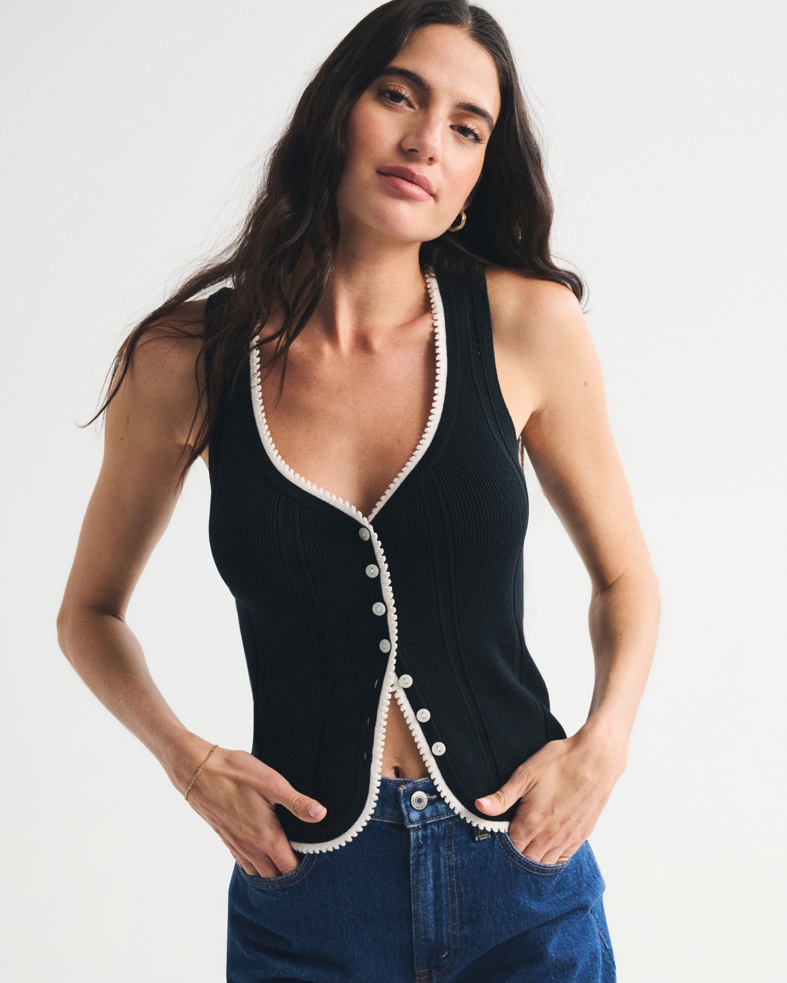 Pointelle Button-Through Sweater Tank