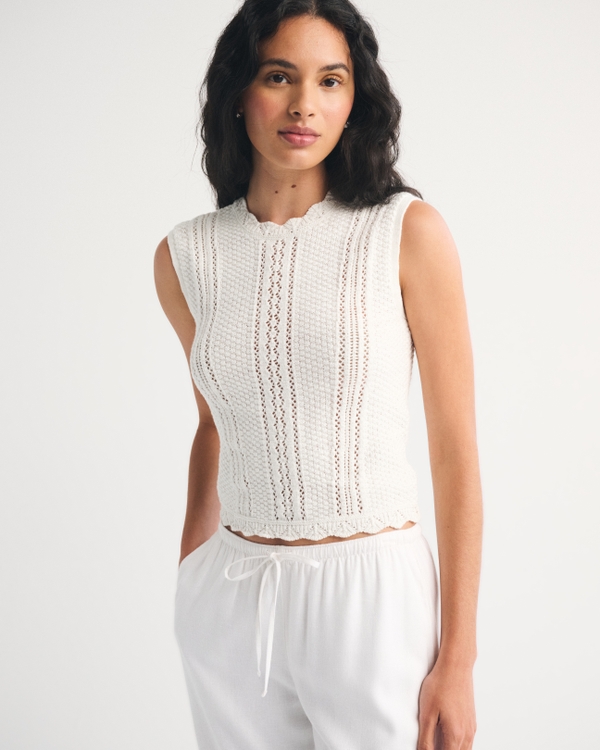 Cotton Pointelle Sweater Shell Top, Cream view 2