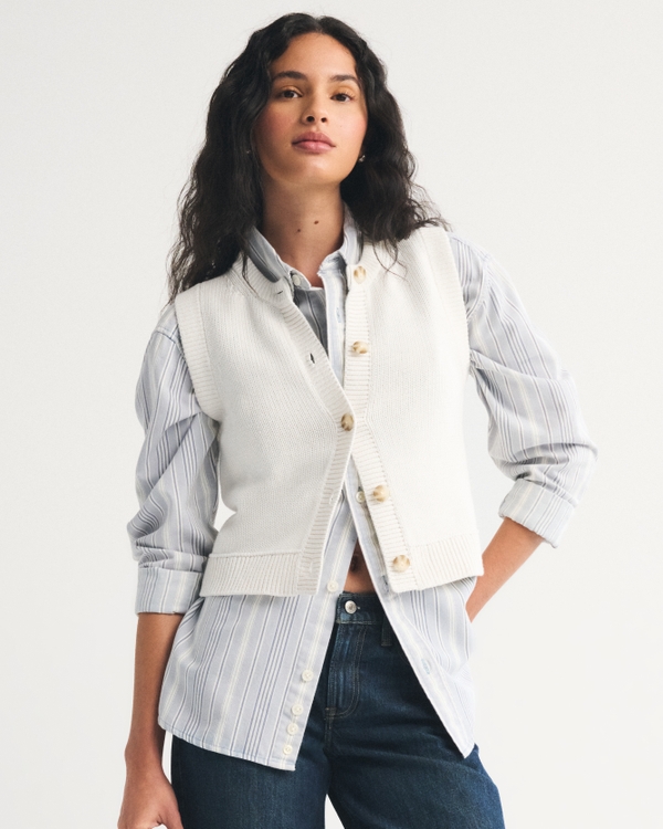 Cotton Crew Sweater Vest, Cream view 1