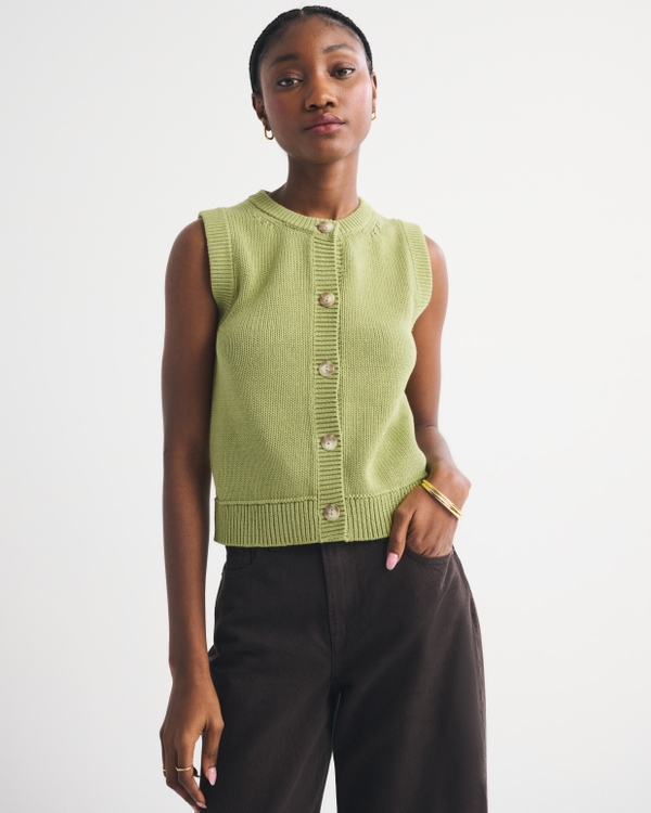 Cotton Crew Sweater Vest, Spring Green view 1