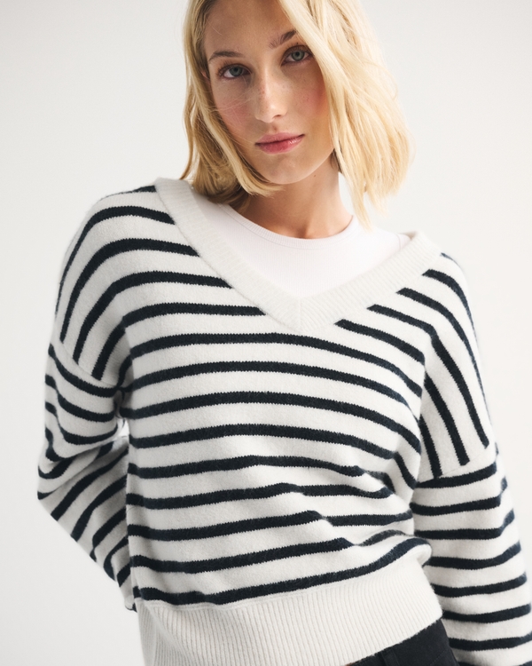 Merino Wool-Blend V-Neck Sweater, Cream Stripe view 1