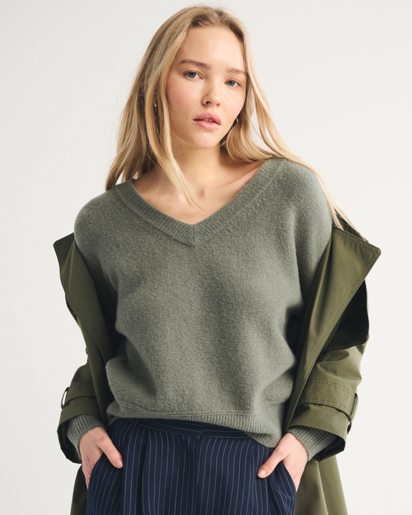 Merino Wool-Blend V-Neck Sweater, Muted Basil view 1