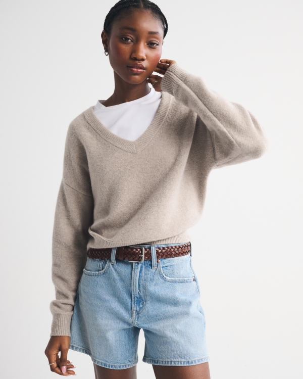 Merino Wool-Blend V-Neck Sweater, Sand view 1