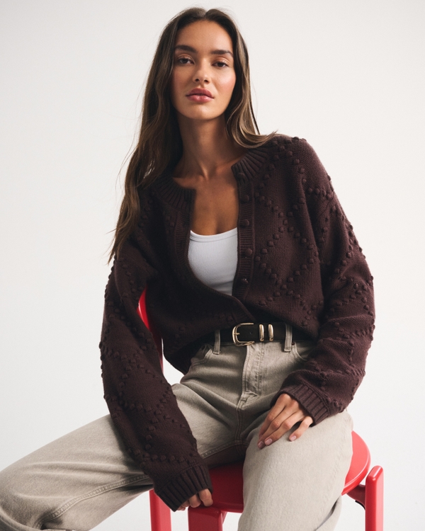 Bobble-Stitch Crew Cardigan, Dark Coffee view 1