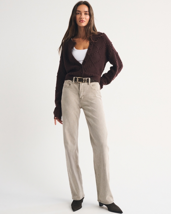 Bobble-Stitch Crew Cardigan, Dark Coffee view 2