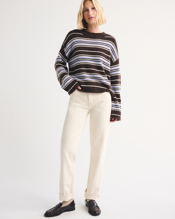 Rollneck Crew Sweater, Dark Coffee Stripe view 1