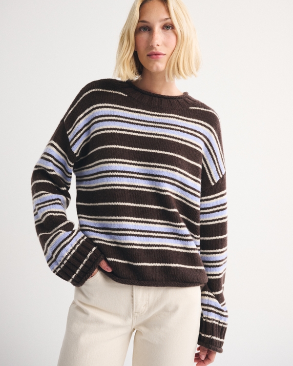 Rollneck Crew Sweater, Dark Coffee Stripe view 2
