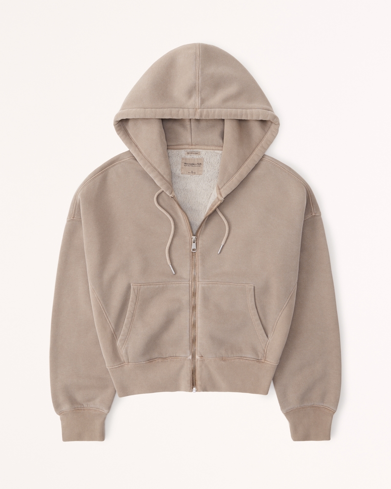 Men's Essential Full-Zip Hoodie in Cream | Size M Tall | Abercrombie & Fitch