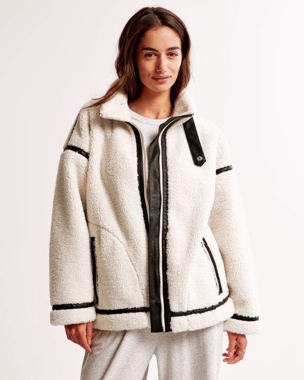 Contrast Trim Sherpa Aviator Jacket, Cream