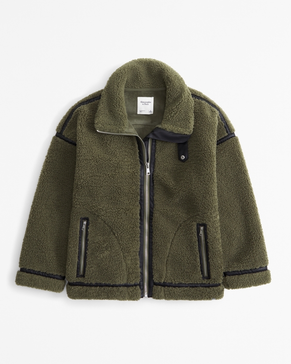 Contrast Trim Sherpa Aviator Jacket, Dark Green