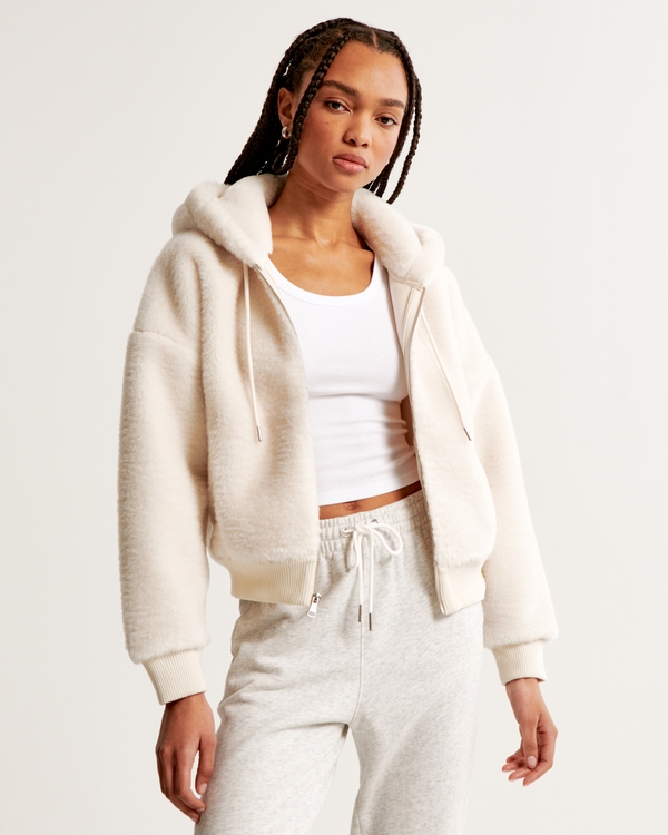 Cropped Faux Fur Hooded Full-Zip, Cream