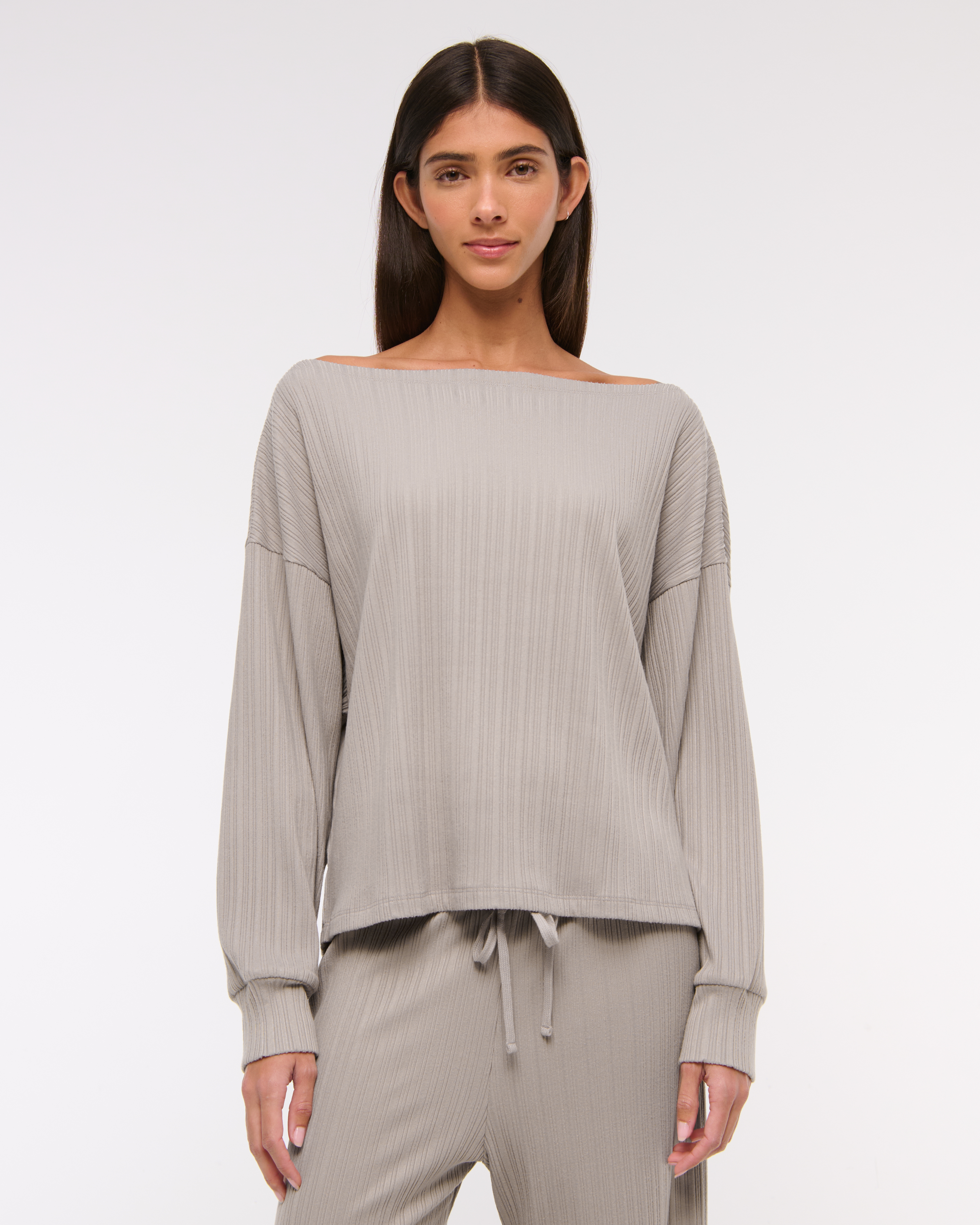 Abercrombie & Fitch Long-sleeve Lounge Wide Rib Slash Top In Sand