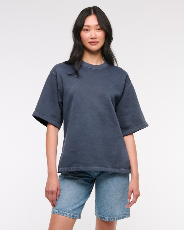 Oversized Short-Sleeve Fleece Tee, Vintage Indigo view 1