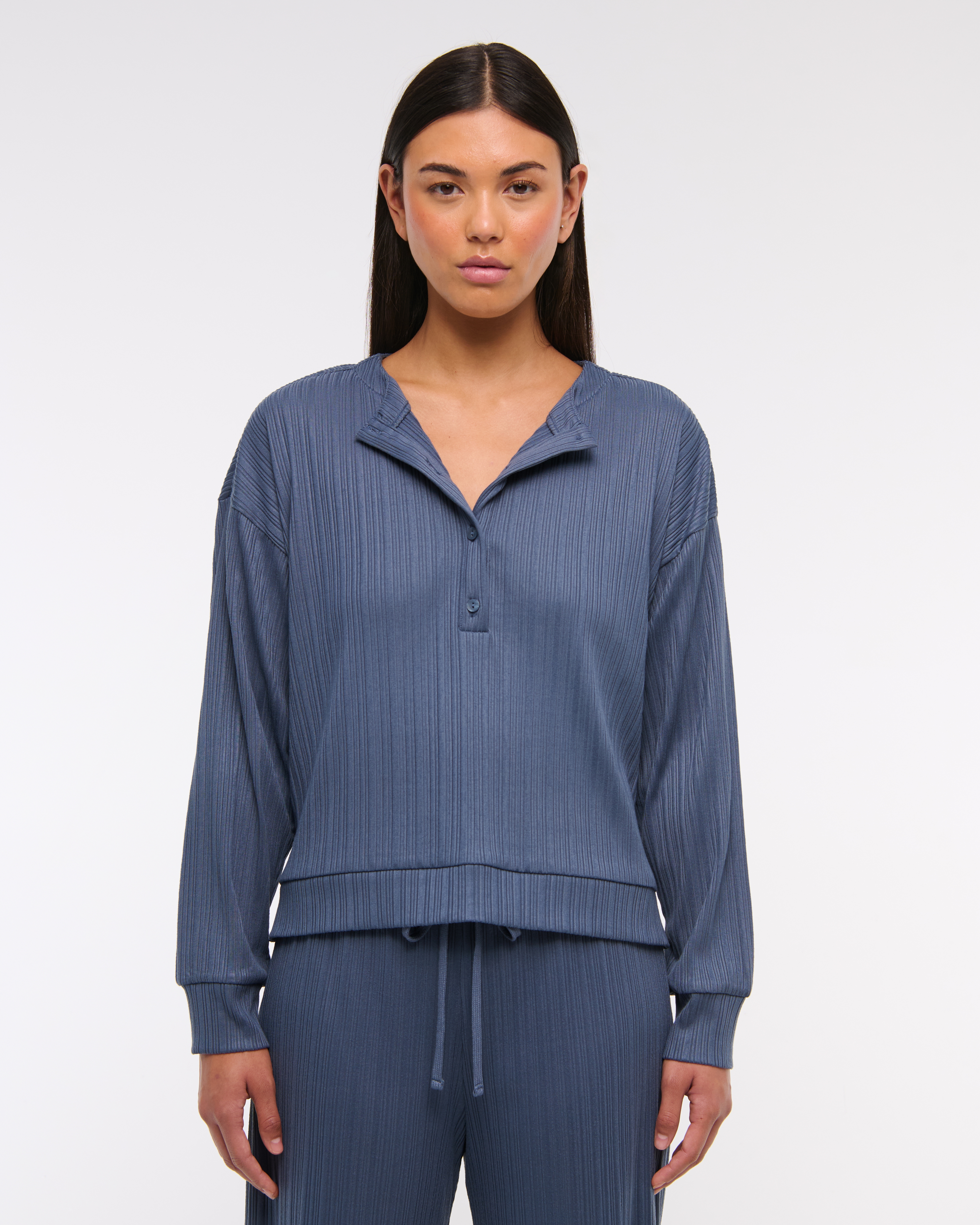 Abercrombie & Fitch Lounge Wide Rib Henley Sweatshirt In Blue