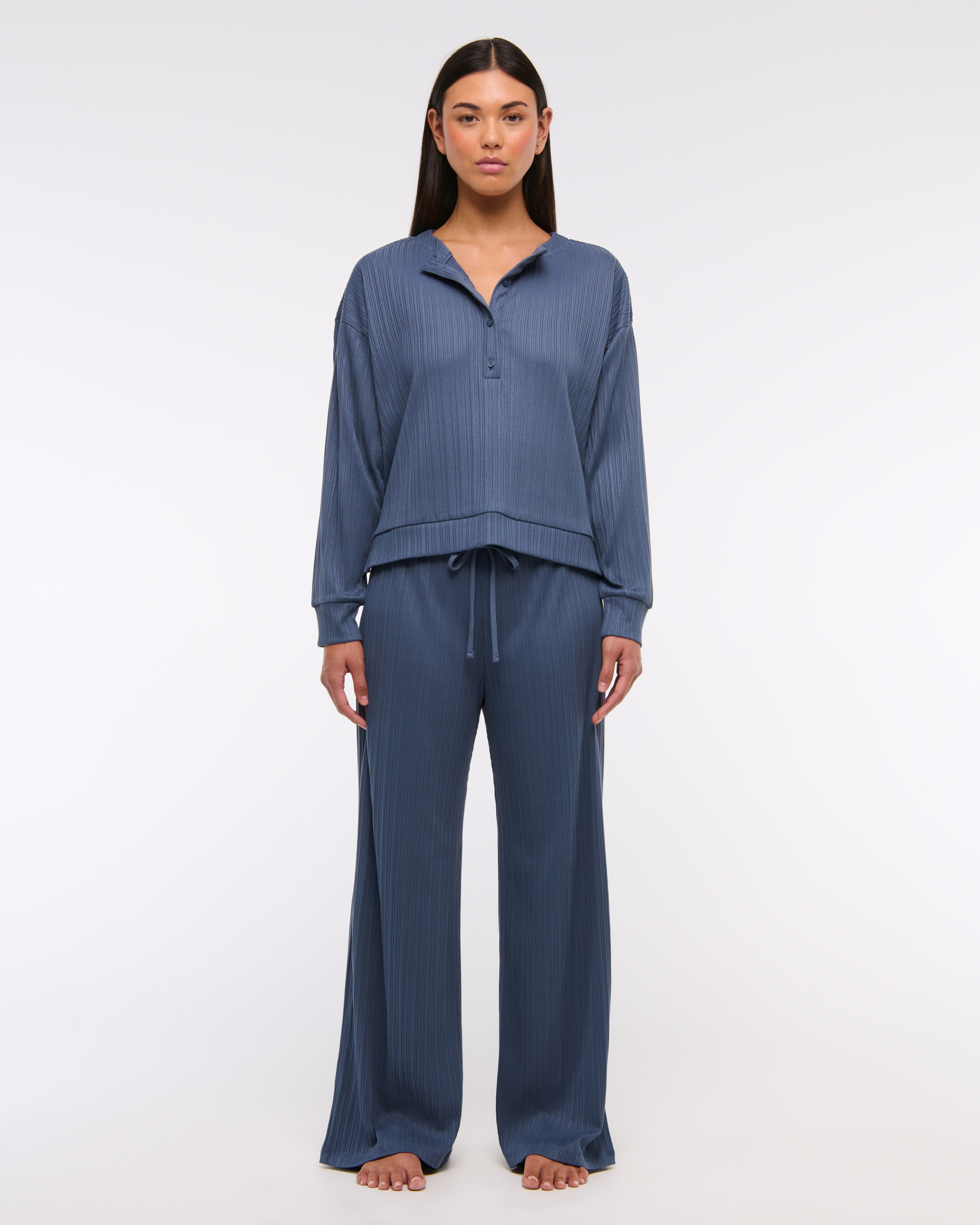 Abercrombie & Fitch Lounge Wide Rib Henley Sweatshirt In Blue