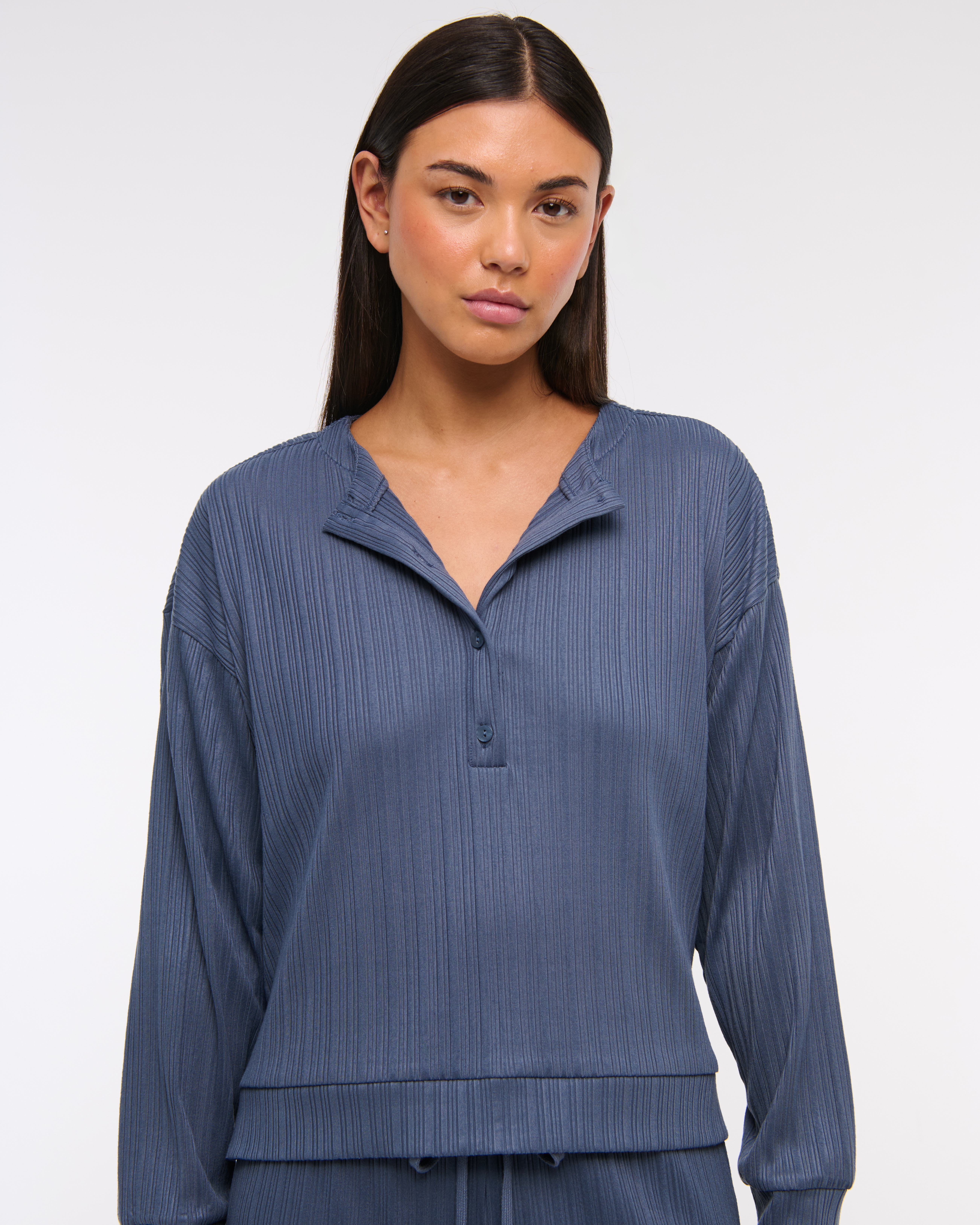 Abercrombie & Fitch Lounge Wide Rib Henley Sweatshirt In Blue