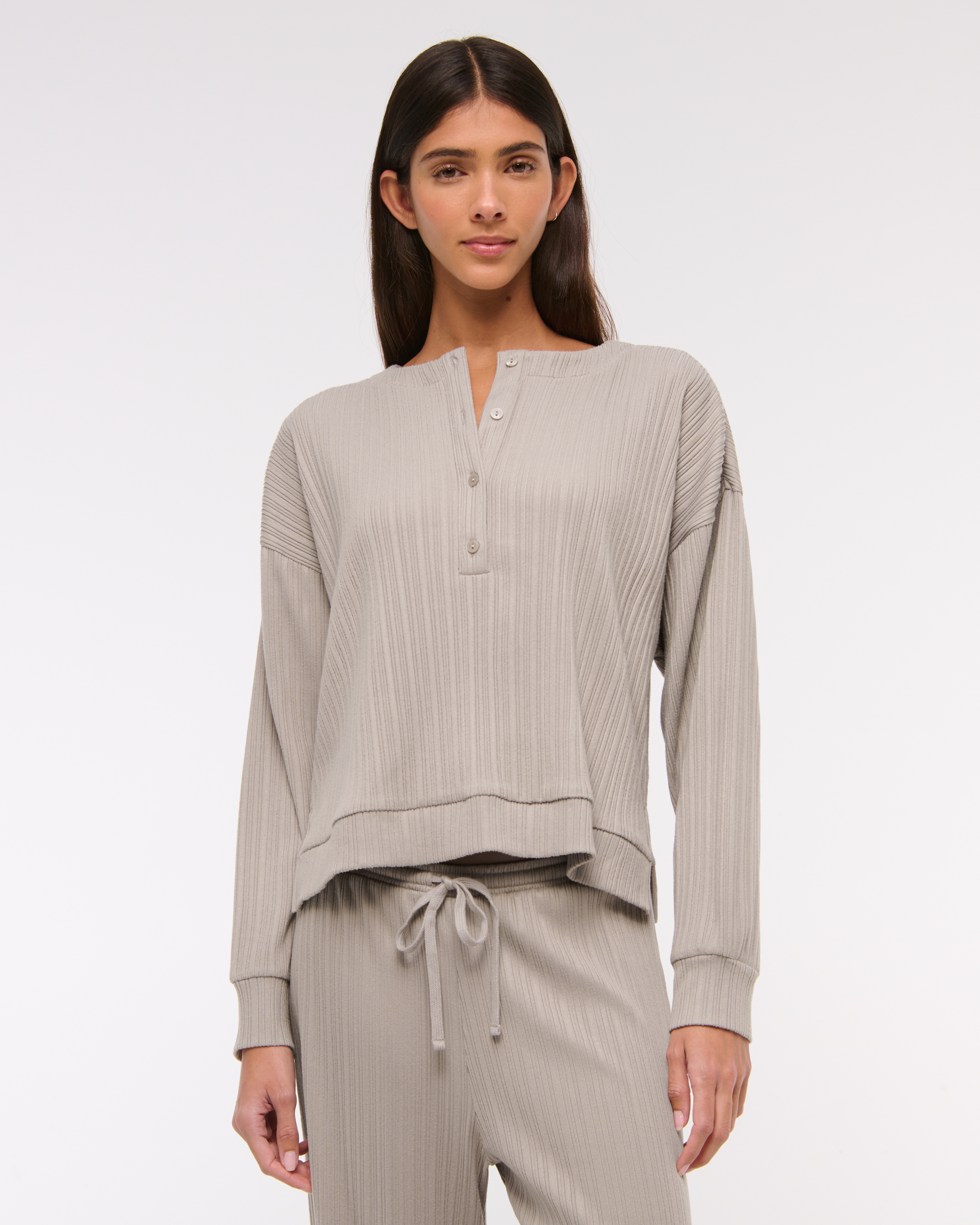 Abercrombie & Fitch Lounge Wide Rib Henley Sweatshirt In Sand