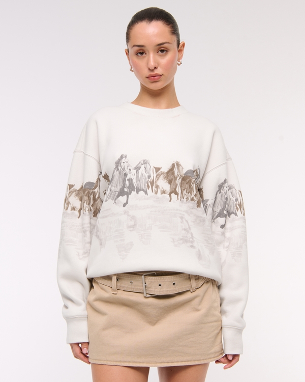 Horses Graphic Oversized Sunday Crew, Cream view 1