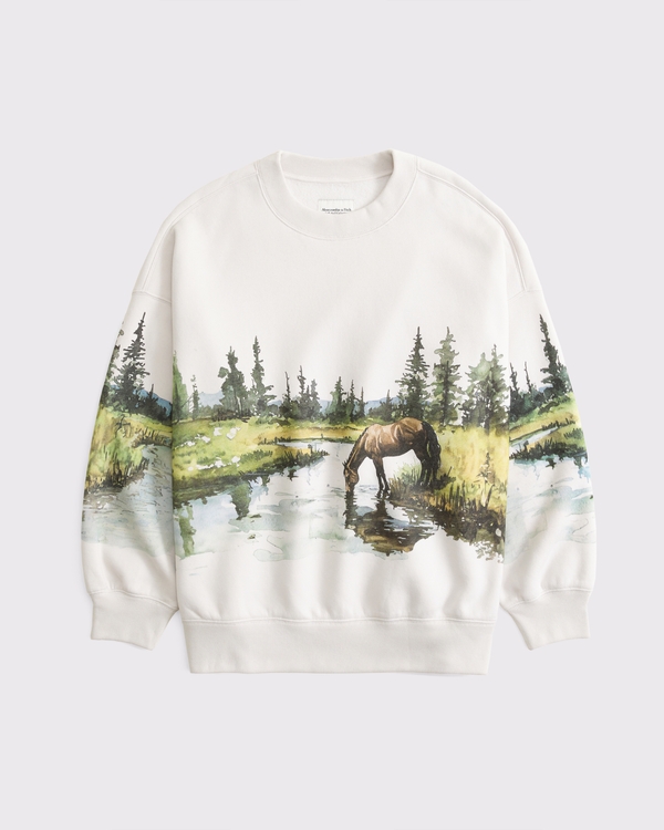 Wildlife Graphic Oversized Sunday Crew, Cream Horse Graphic view 1