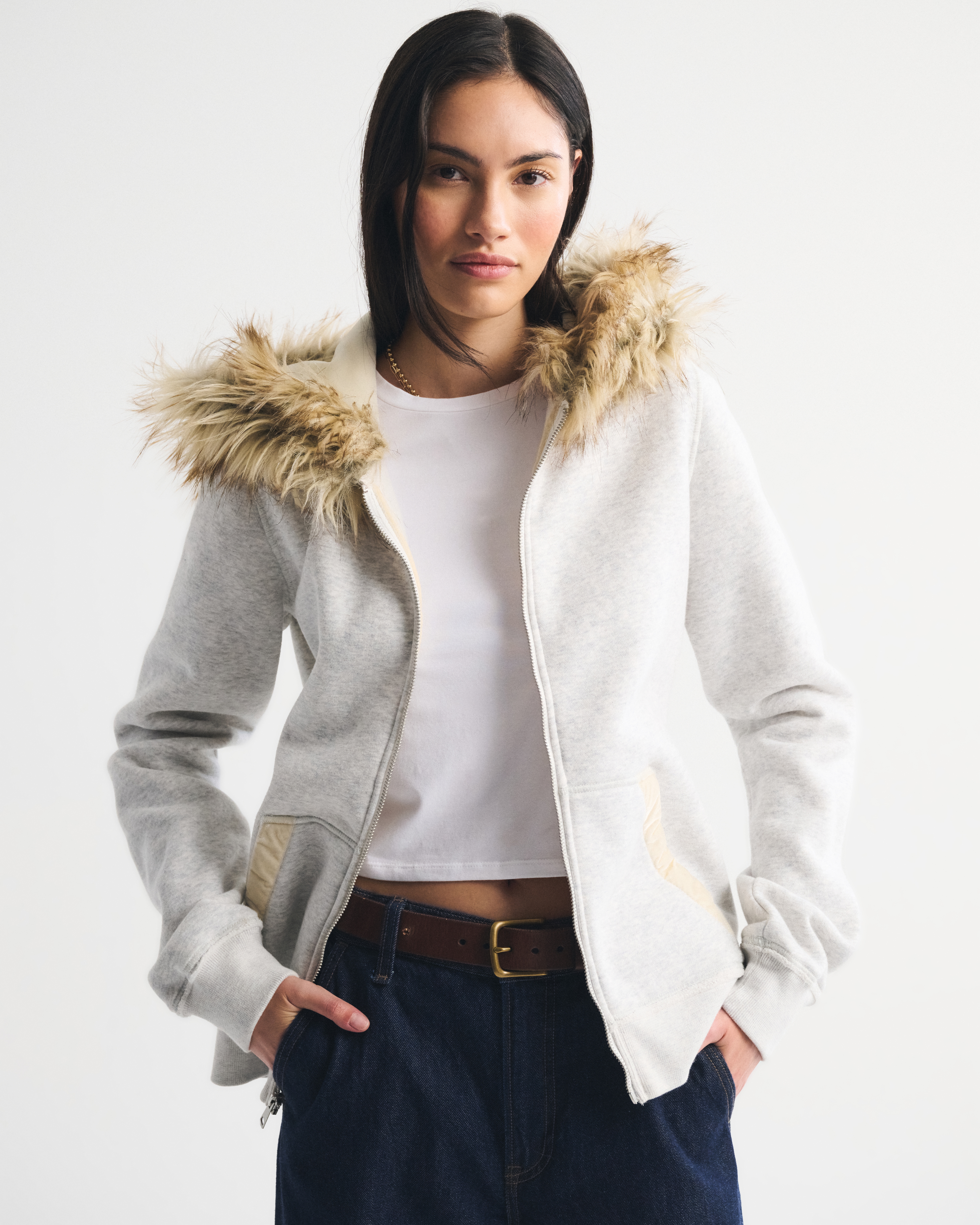 Abercrombie & Fitch Faux Fur-lined Full-zip Hoodie In Gray