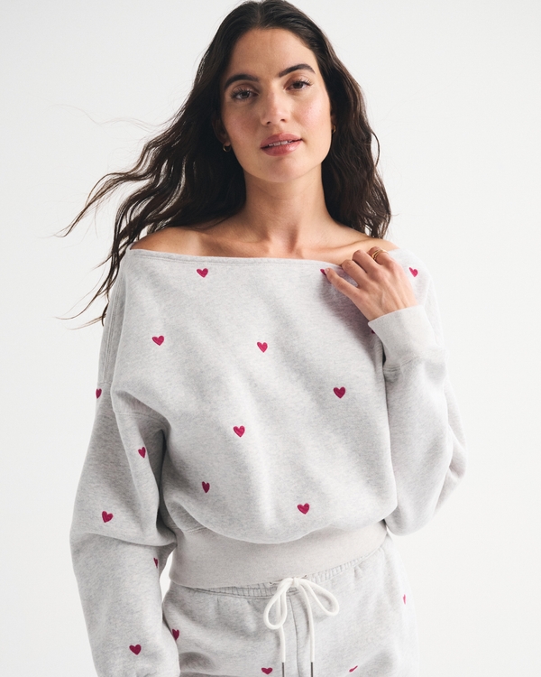 Sunday Off-The-Shoulder Top, Light Gray Heart Print view 1
