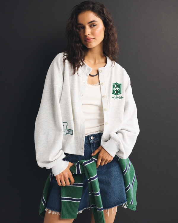 New York Jets Sunday Shrunken Cardigan, Light Gray - Jets view 1