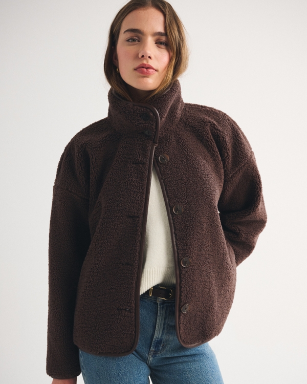 Funnel Neck Button-Up Sherpa Jacket, Dark Coffee view 1