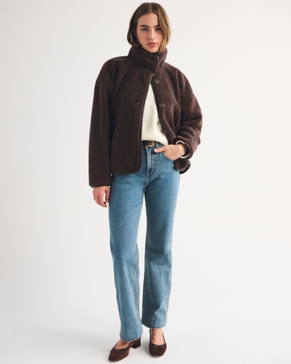 Funnel Neck Button-Up Sherpa Jacket, Dark Coffee view 2