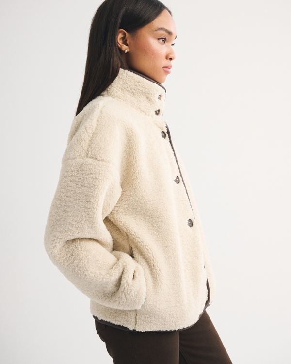 Funnel Neck Button-Up Sherpa Jacket