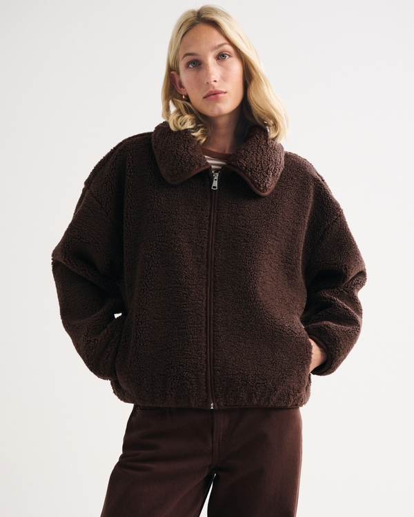 Collared Zip-Up Sherpa Jacket, Dark Coffee view 1