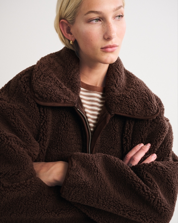 Collared Zip-Up Sherpa Jacket, Dark Coffee view 2