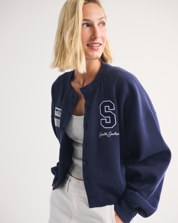 Seattle Seahawks Sunday Shrunken Cardigan, Navy - Seahawks view 1