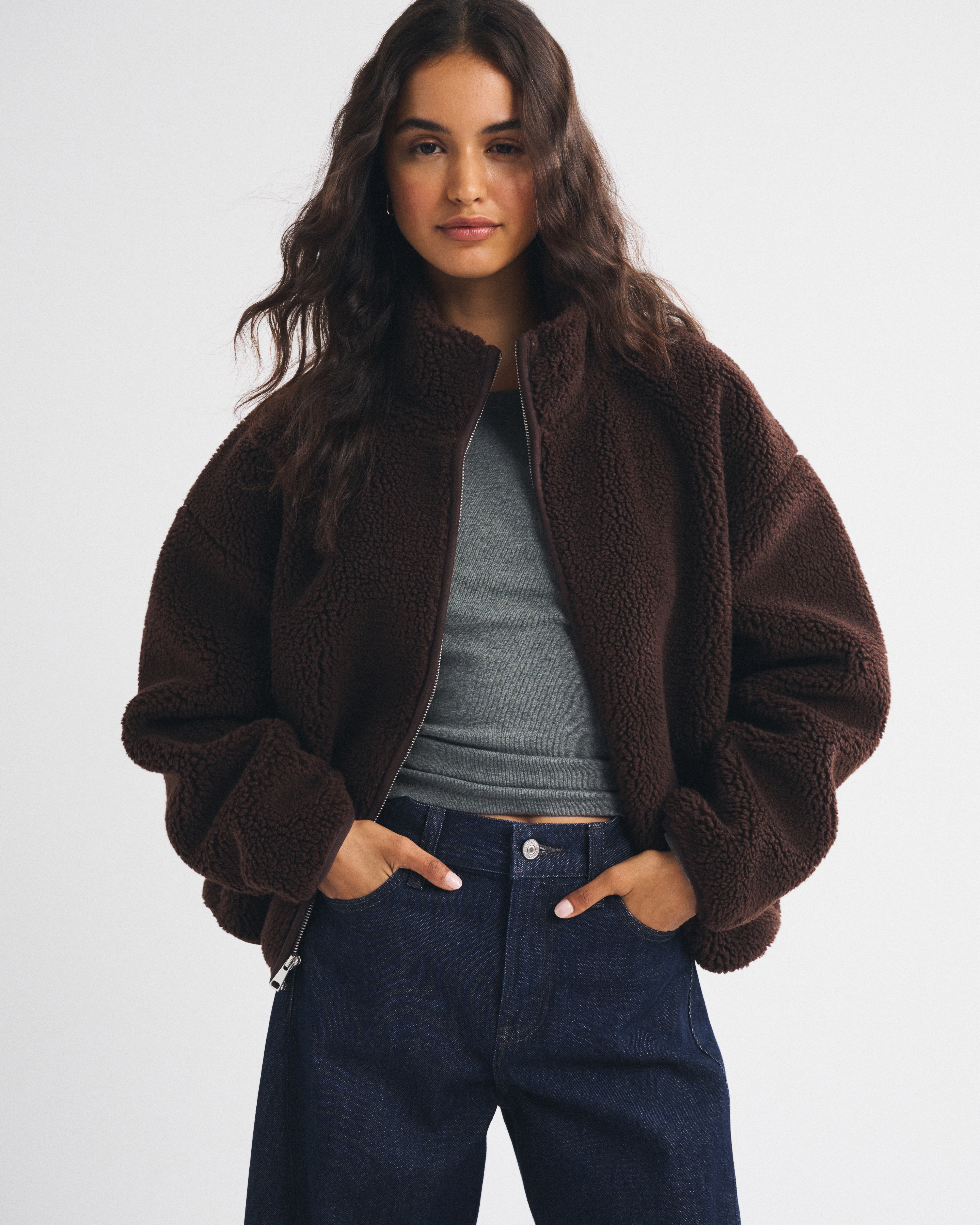 Женская куртка Abercrombie & Fitch Sherpa Full-Zip, цвет: Тёмный кофейный — фото 2