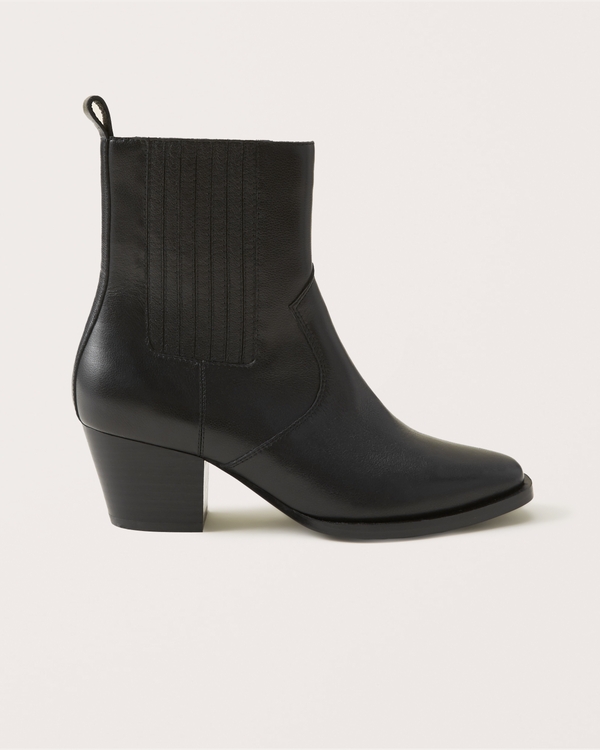 Margaux Leather Western Ankle Boots, Black