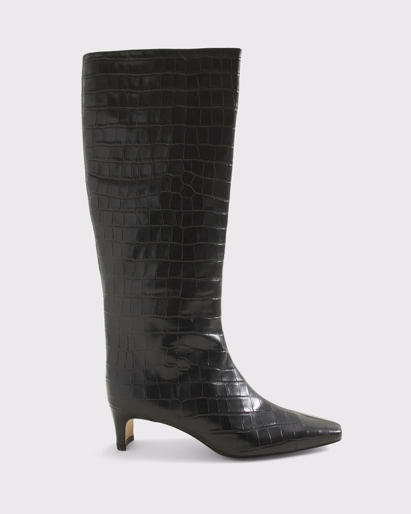 Croc-Effect Leather Knee Boot, Black Pattern view 1