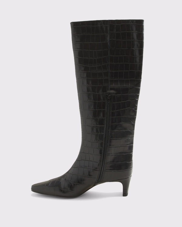 Croc-Effect Leather Knee Boot, Black Pattern view 2