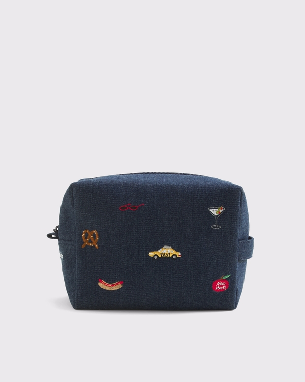 Abbode Embroidered Denim Pouch, Navy view 2