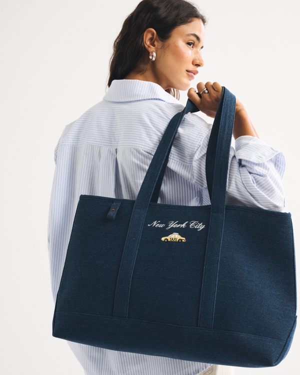 Abbode Embroidered Denim Tote, Navy view 1