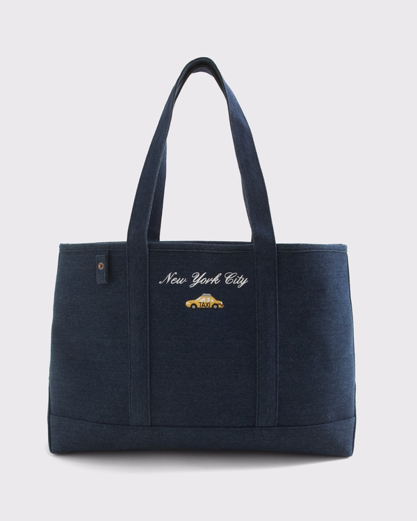Abbode Embroidered Denim Tote, Navy view 2