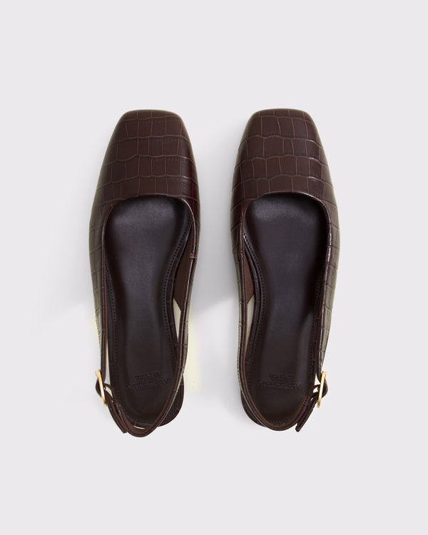 Croc-Effect Leather Slingback Flat, Brown Pattern view 2