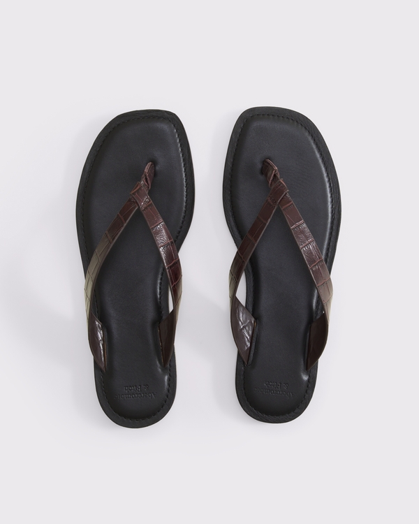 Croc-Effect Leather Flip Flop, Brown view 2