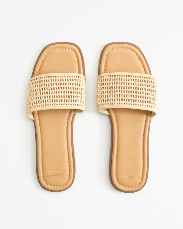 Straw Flat Slide Sandals, Straw