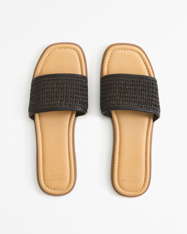 Straw Flat Slide Sandals, Black