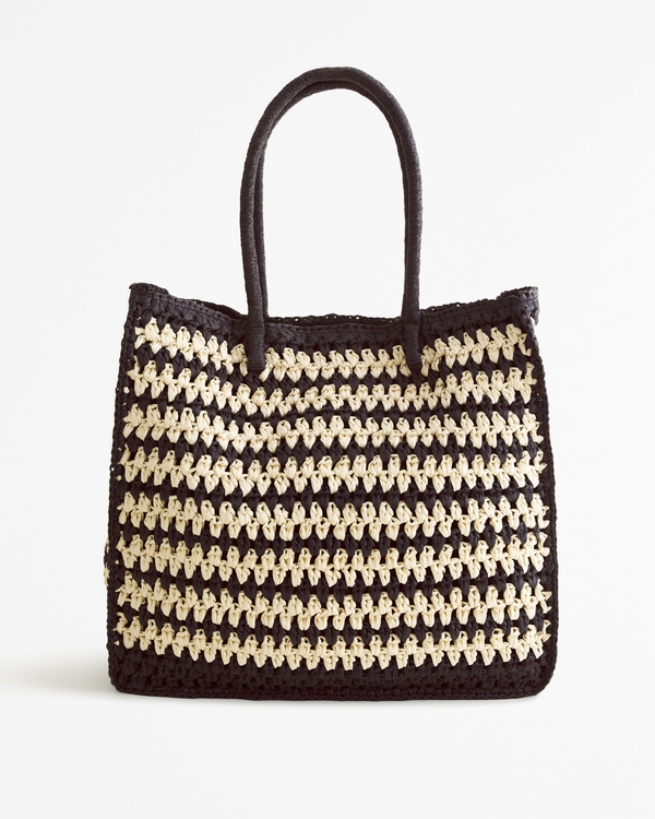Straw Packable Tote Bag, Black Pattern