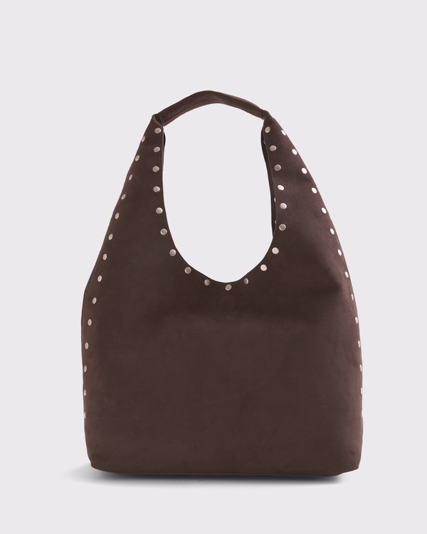 Studded Vegan Suede Tote Bag, Dark Coffee view 1