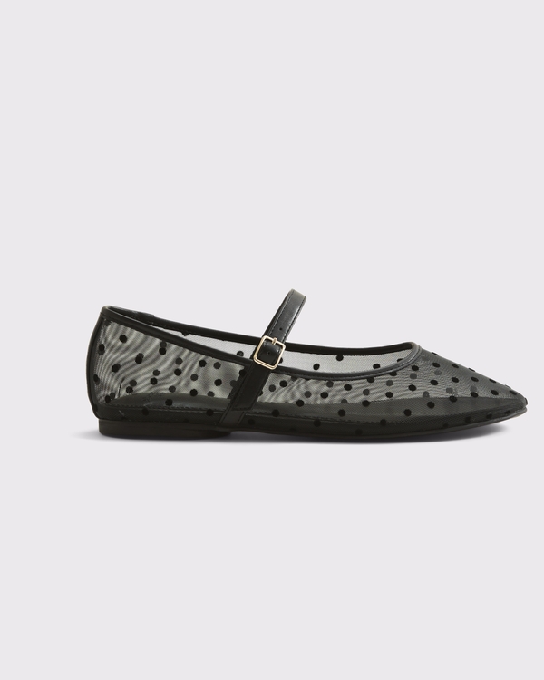 Mary Jane Round-Toe Mesh Flats, Black Dot view 1