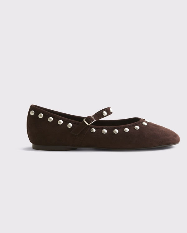 Mary Jane Round-Toe Vegan Suede Flats, Dark Brown Studded view 1