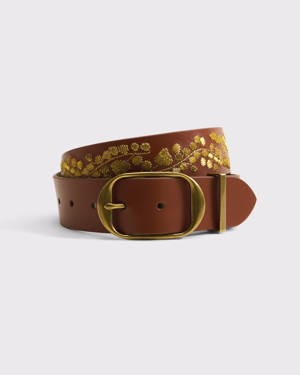 Embroidered Leather Belt, Light Brown Embroidered view 1