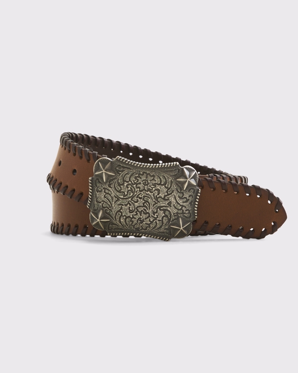 Western Leather Belt, Brown view 1